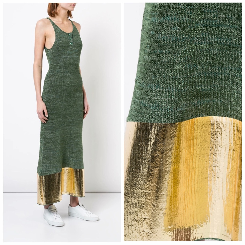 JW Anderson Green Metallic Knit Maxi Dress Gold Foil Coated Medium Designer NWT - Picture 4 of 13